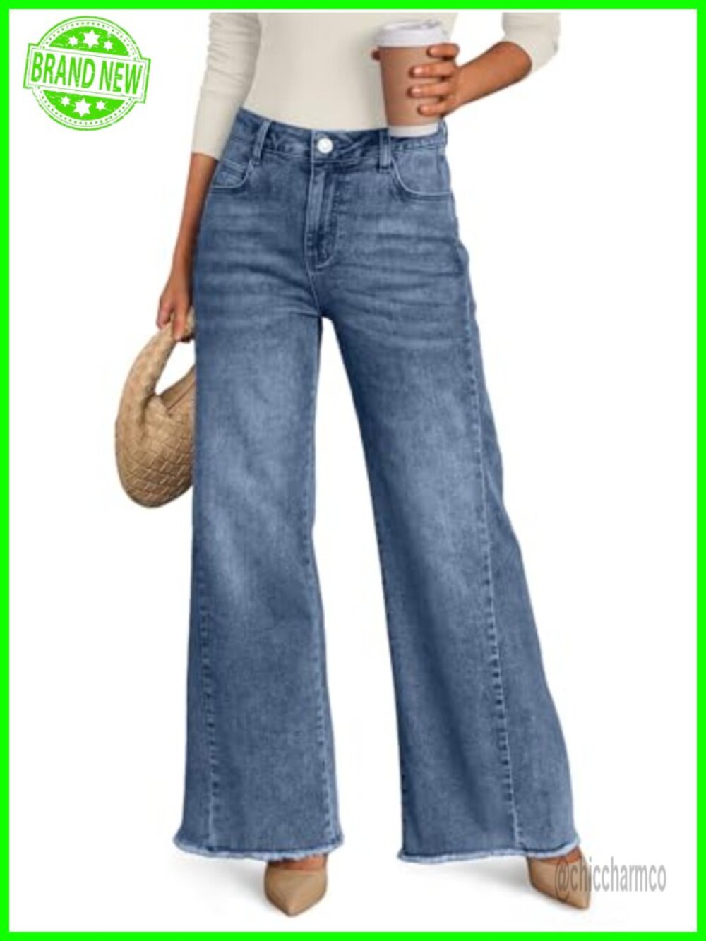 Wide Leg Jeans Mid Rise Loose Fit Raw Hem Button Fly Stretch Denim